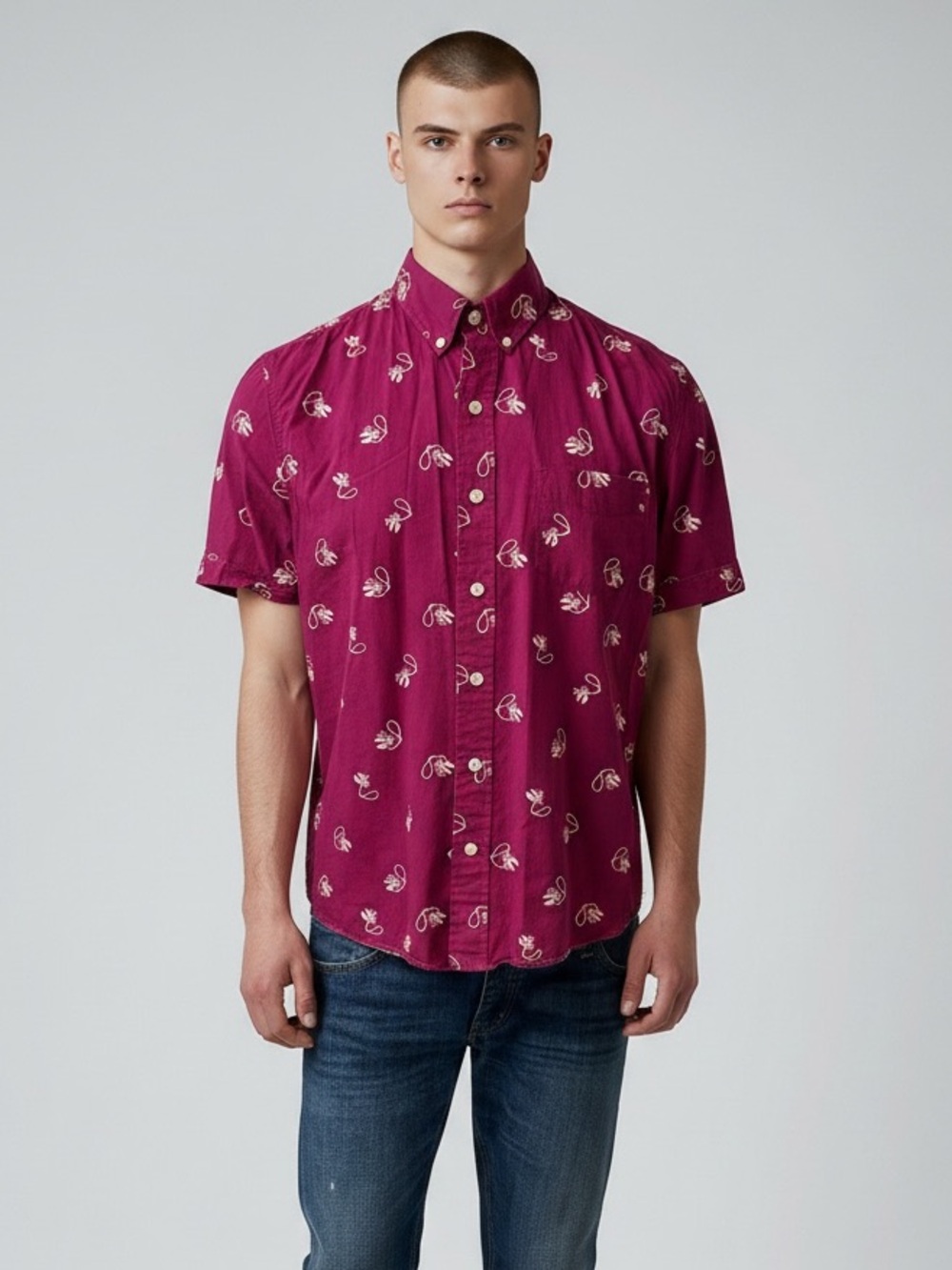 Ken L.T.D Men’s Size L Short Sleeve Maroon Red Cowboy Print Button Down Shirt